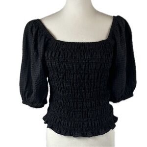 Old Navy Black Smocked Puff Sleeve Top Size M Whimsigoth Dark Cottage Romantic